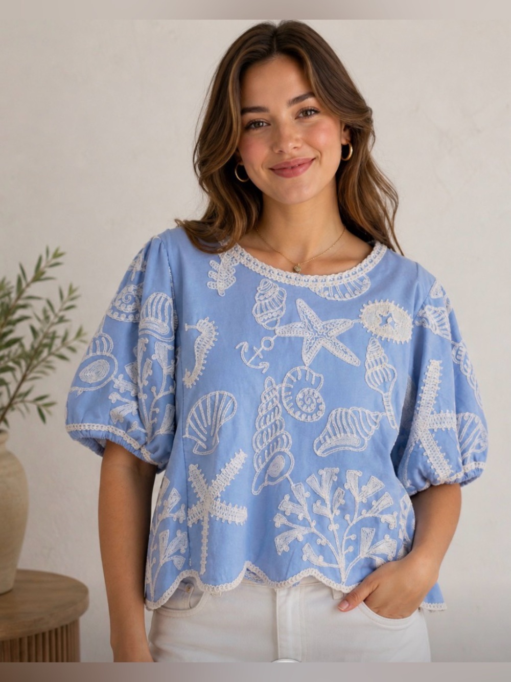 Solitaire Light Blue Embroidered Seashell Top